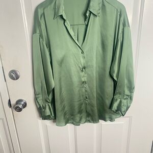 Green Satin Zara Button-Up Blouse